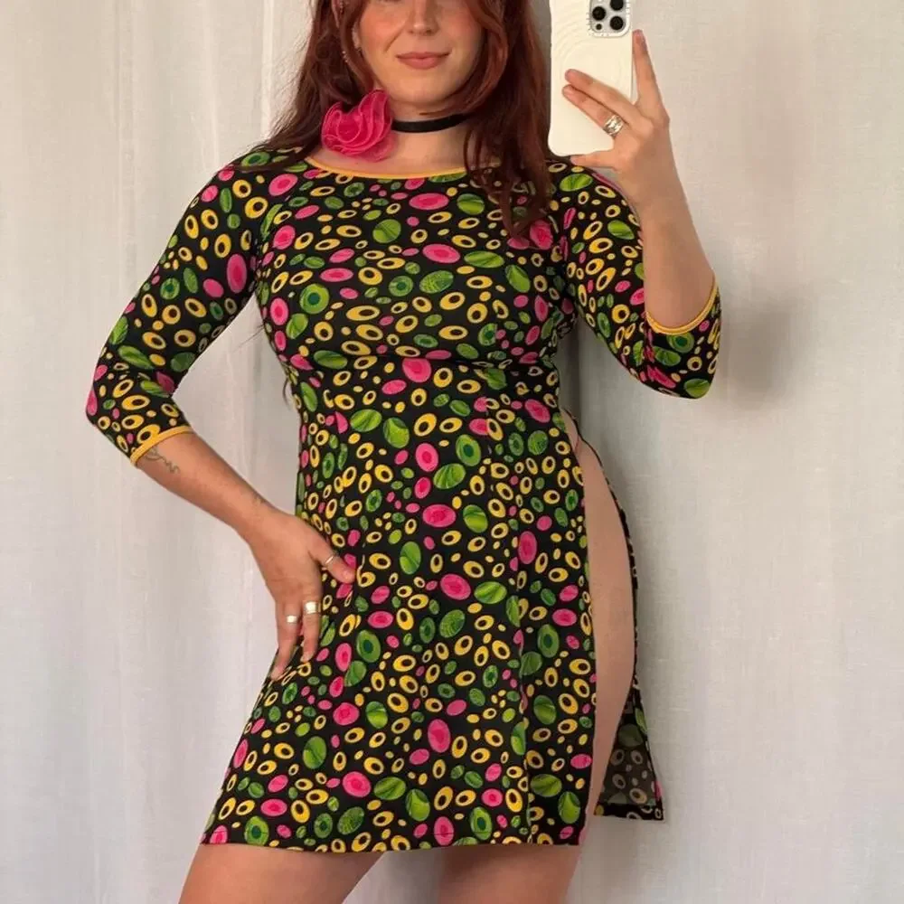 ✿ vintage psychedelic side slit mini dress ✿ I - Picture 1 of 6